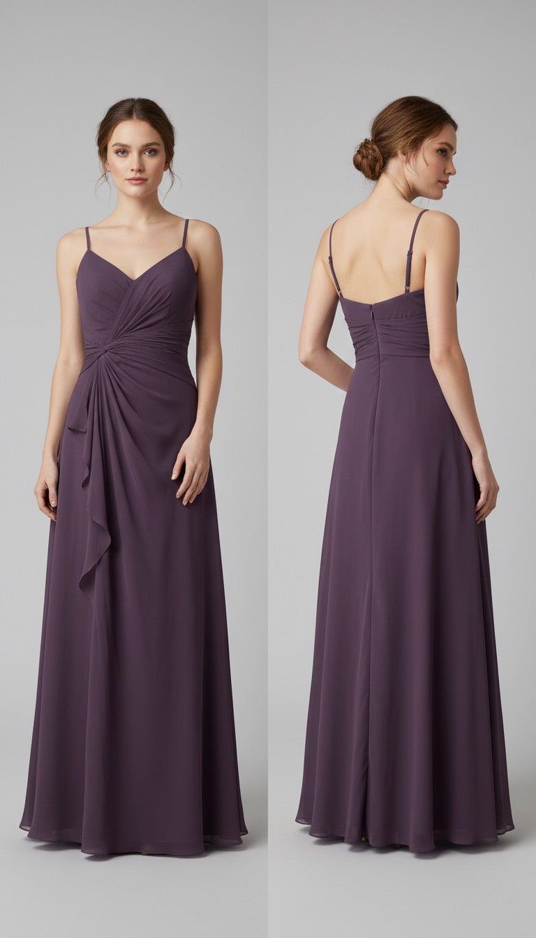 Plum Georgette Draped Evening Gown