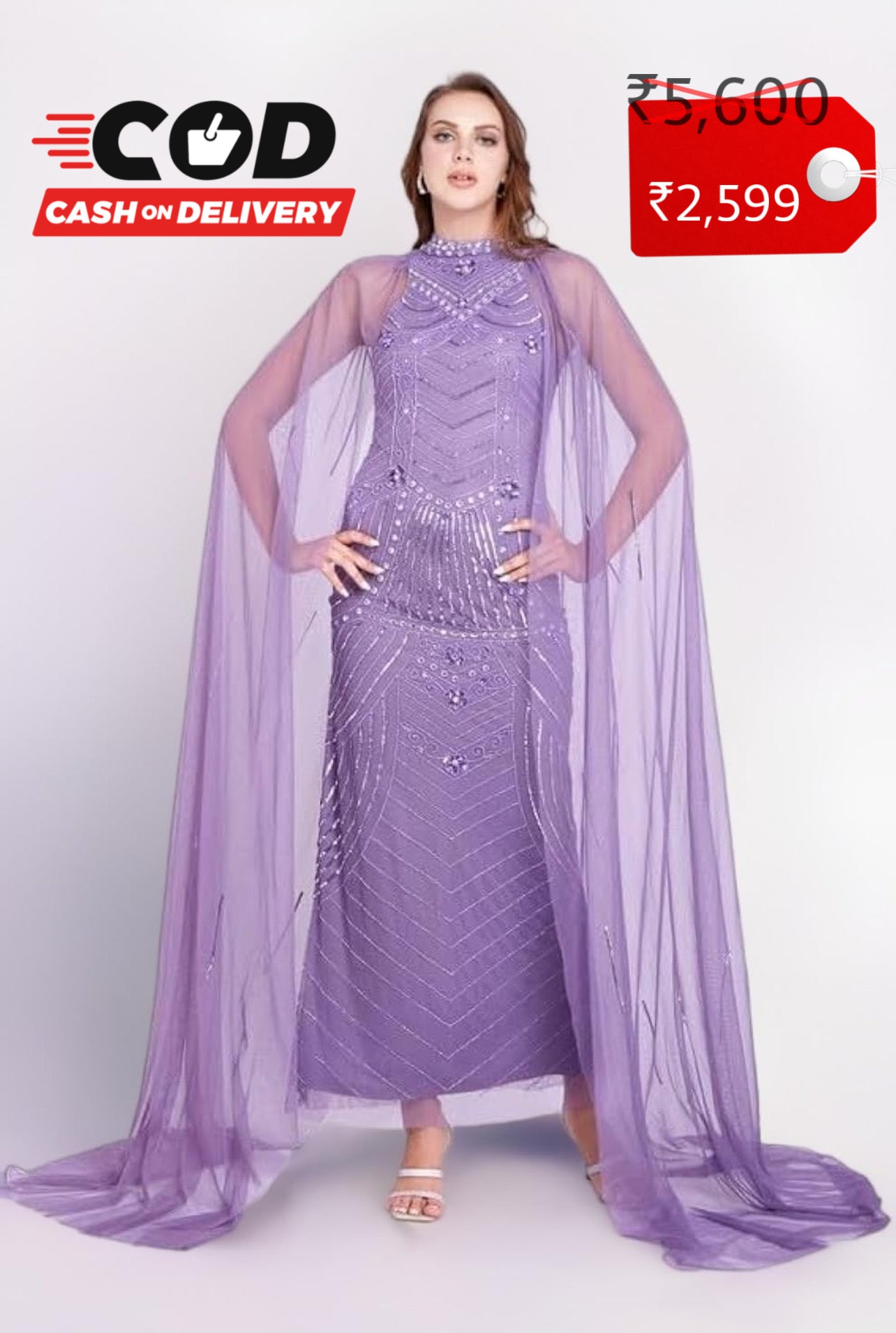 Lavender Embellished Mermaid Cape Gown