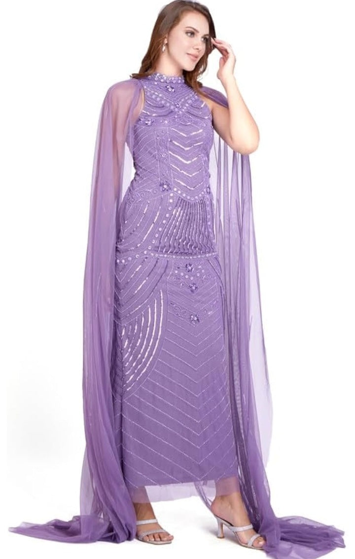 Lavender Embellished Mermaid Cape Gown
