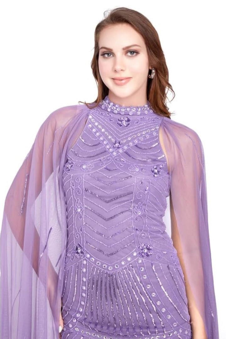 Lavender Embellished Mermaid Cape Gown