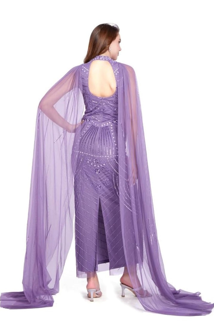 Lavender Embellished Mermaid Cape Gown