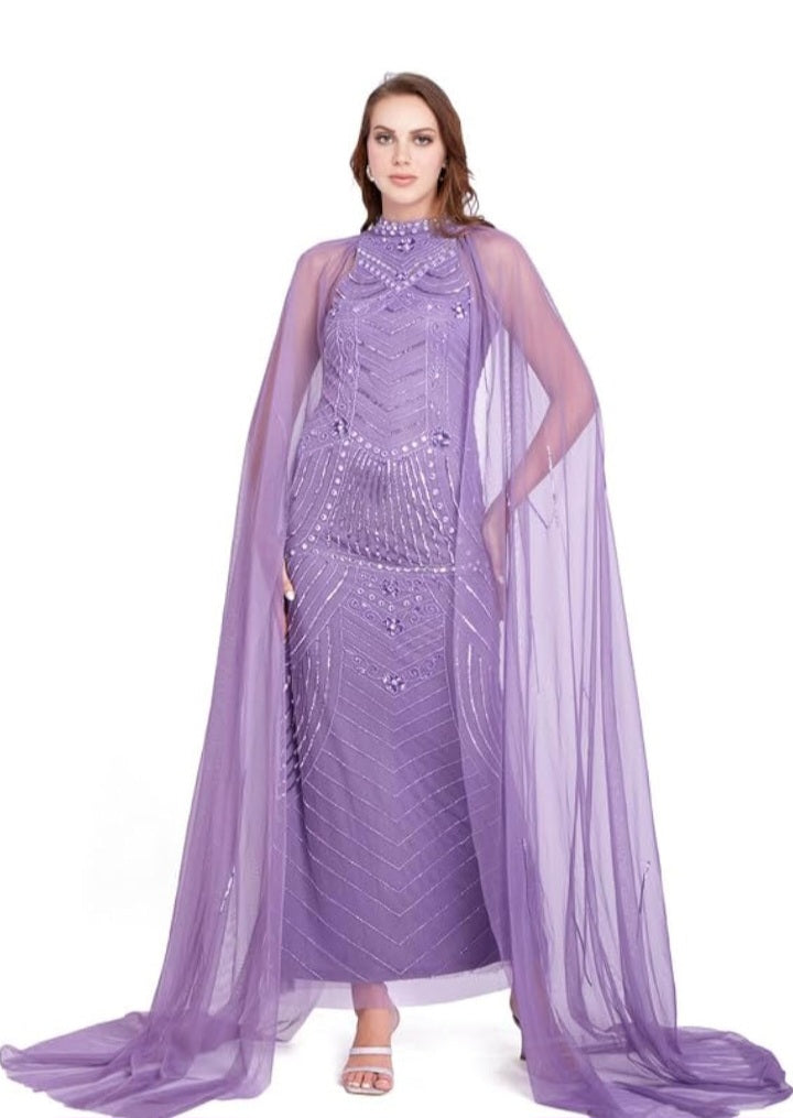 Lavender Embellished Mermaid Cape Gown