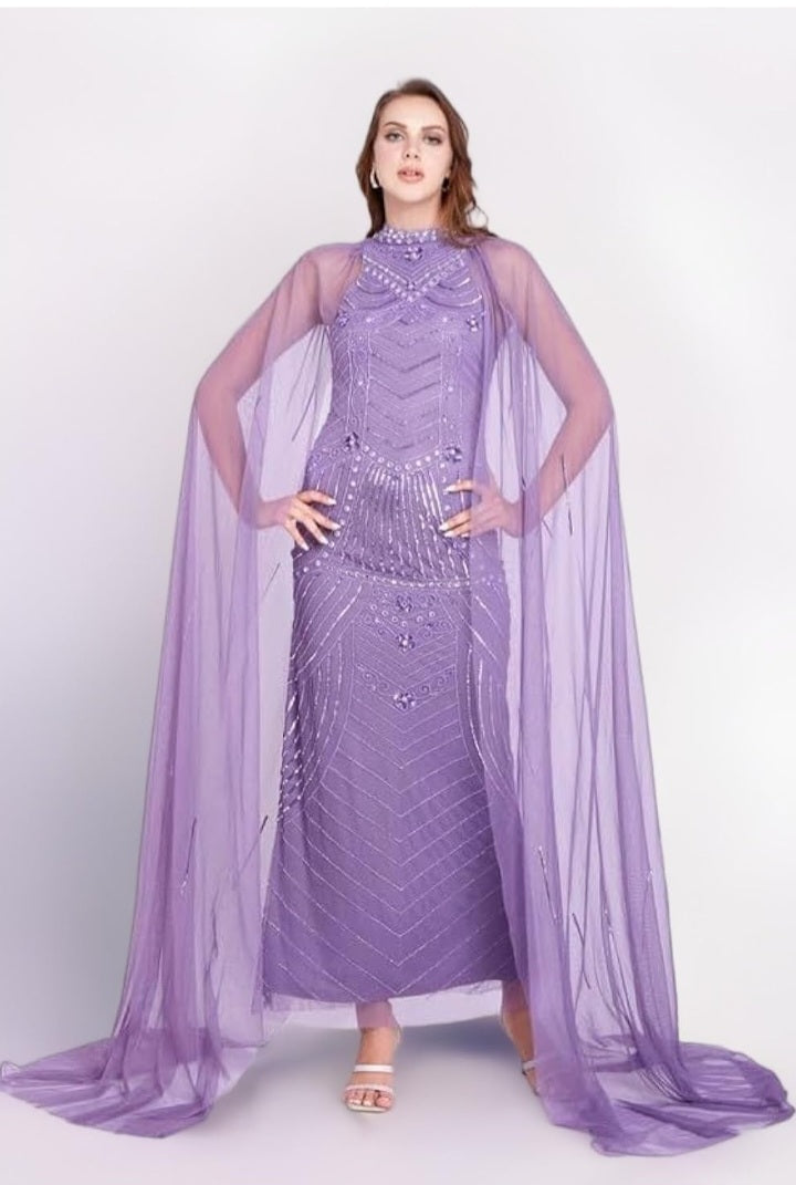 Lavender Embellished Mermaid Cape Gown